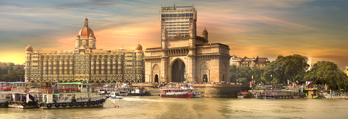The Gateway of India in Mumbai. Pictured among boats docking near the monument.