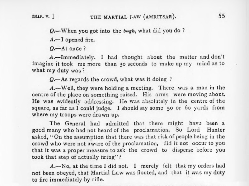 Section of a report showing interview questions and answers, titled Chapter V. The Martial Law (Amritsar).