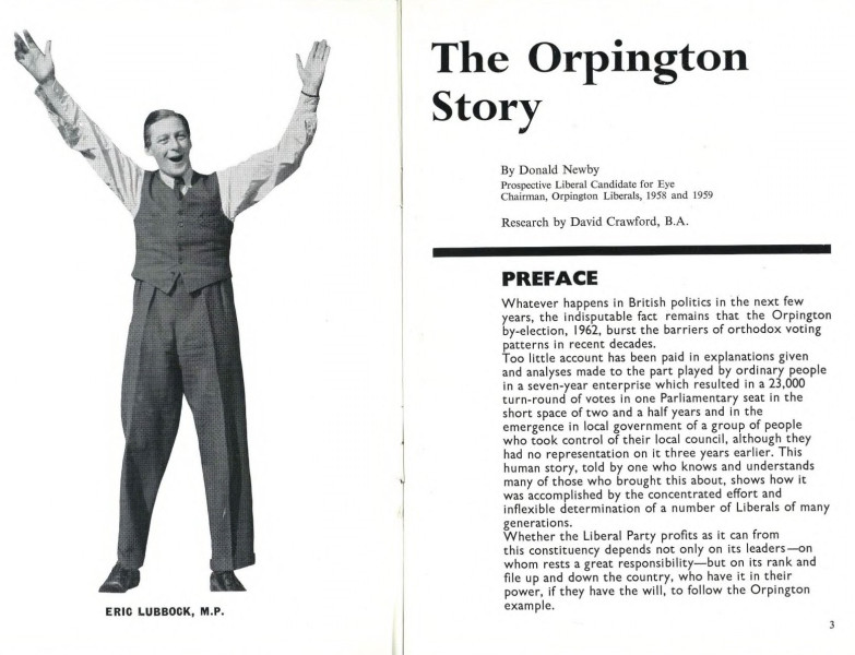 Two-page spread of the preface to The Orpington Story by Donald Newby. The left page features a cut-out photograph of Eric Lubbock, M. P.