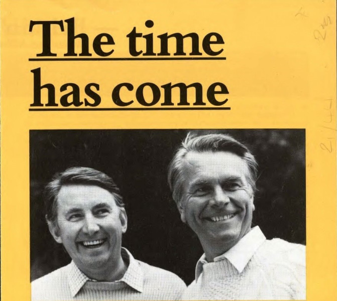 Black and white photograph of David Steel and David Owen on a yellow background, with the words The time has come printed above.