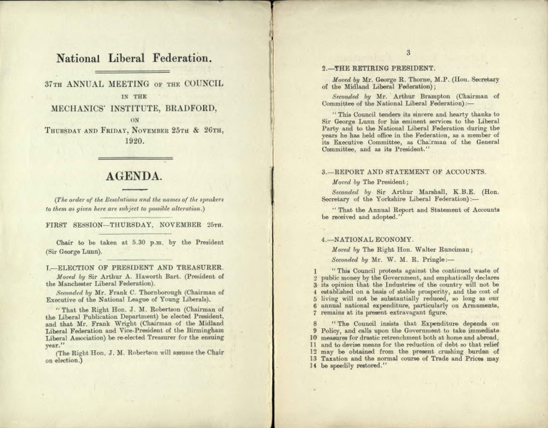 Two-page spread showing the agenda of the National Liberal Federation 37th Annual Meeting of the Council in the Mechanics Institute, Bradford, dated 25 and 26 November 1920.