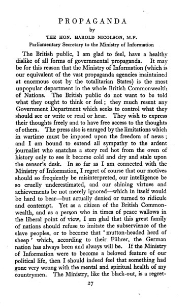 Page of a handbook titled Propaganda by the Hon. Harold Nicolson M. P..
