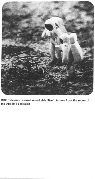 Black and white photograph of two astronauts on the moon, captioned BBC Television carried remarkable live pictures from the moon of the Apollo 15 mission.