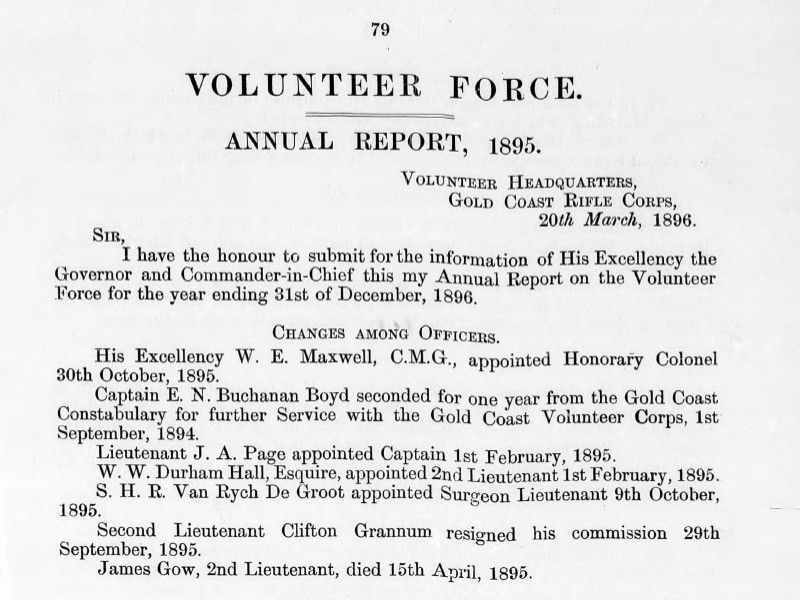 Section of the 1895 annual report on the Volunteer Force, dated 20 March 1896.