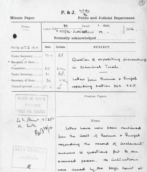 A Public and Judicial Department Minute Paper, featuring a stamp reading Placed on Council 5 November 1936 Table for Perusal and another stamp reading Seen Council 10 November 1936.