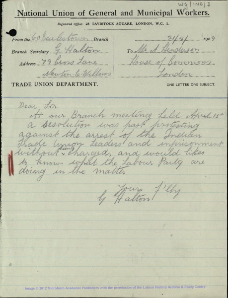 A handwritten letter sent by G Halton, dated 21 April 1929, produced on a National Union of General and Municipal Workers letter template.