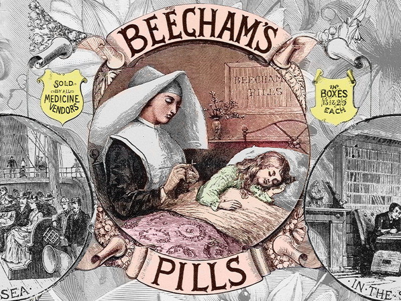 Beecham Pills advert showing an illustration of a nurse and a sick little girl