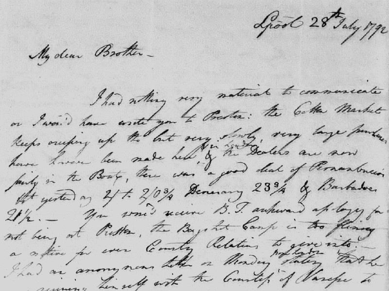 Section of a handwritten letter addressed to My dear Brother, dated 28 July 1792.