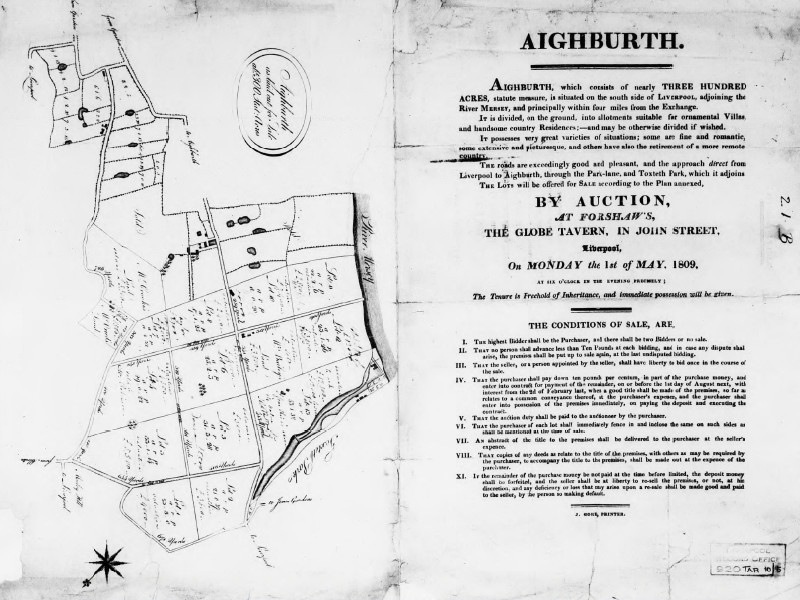 Two-page spread of a document relating to the sale plan for Aighburth. On the left page a map of the estate is shown, and on the right the date of auction is given as 1 May 1809.