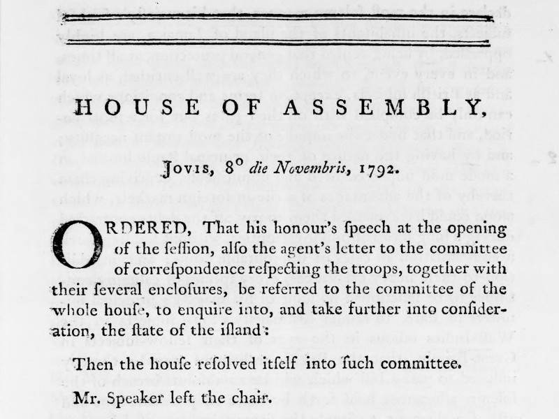Section of a document titled House of Assembly, dated 8 November 1792 in Latin.