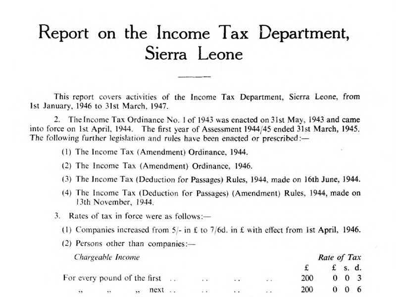 Section of a report titled Report on the Income Tax Department, Sierra Leone, covering the period 1 January 1946 to 31 March 1947.