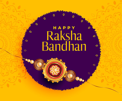 A yellow background with a dark purple circle in the center. Within the circle, the words Raksha Bandhan are written in yellow. There is a decorative embellishment draped over the circle.