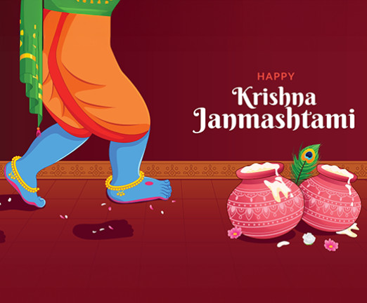 A cartoon image that reads Krishna Janmashtami. A figure wearing orange trousers and gold anklets walks, leaving footprints. There are two vases with a decorative pattern, both filled with overflowing liquid.
