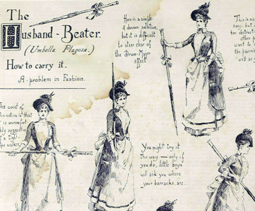 A group of illustrations that depict a woman modelling various ways of carrying an umbrella, each accompanied by a witty commentary on her poses.