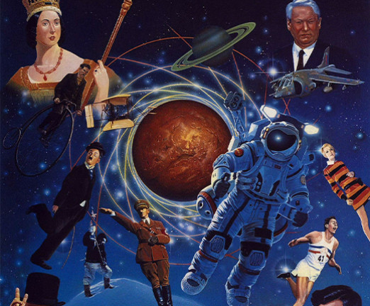 A dark blue background with a planet in the centre and floating illustrations of notable figures from history.