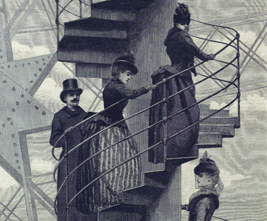 An illustration of several smartly dressed women climbing the spiral staircase of the Eiffel Tower.