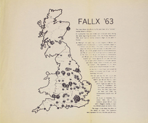 An illustration of Great Britain featuring several dots spotted across it. Text features on the right, with the title FALLX '63.