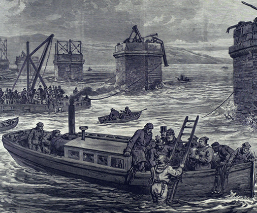 An illustration showing people in a small boat on the water. In the background, another small boat full of people and several large structures with broken railing on top of them can be seen.