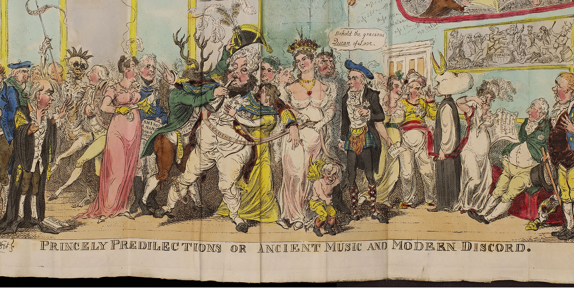 An illustration of a large group of wealthy people partying in the Georgian era. The King and Queen feature in the centre of the image. A caption below reads "Princely Predilections or Ancient Music and Modern Discord".