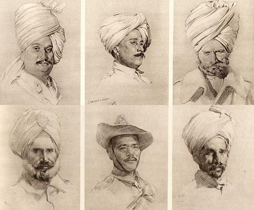 Six portraits of Indian soldiers.