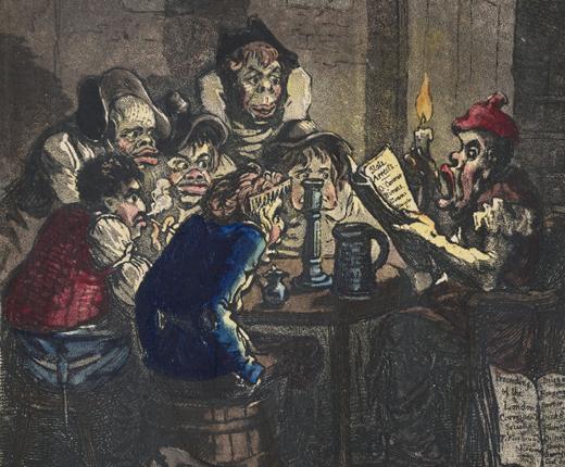 A caricature of seven men sat at a table in candlelight. One man reads from a sheet of paper. A jug is visible on the table.