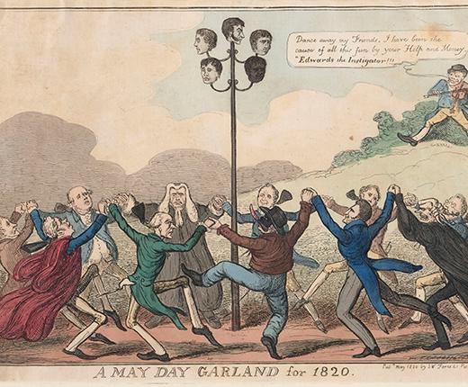 A print of politicians dancing around a maypole with the decapitated heads of the Cato Street conspirators atop it. Captioned A May Day Garland for 1820.