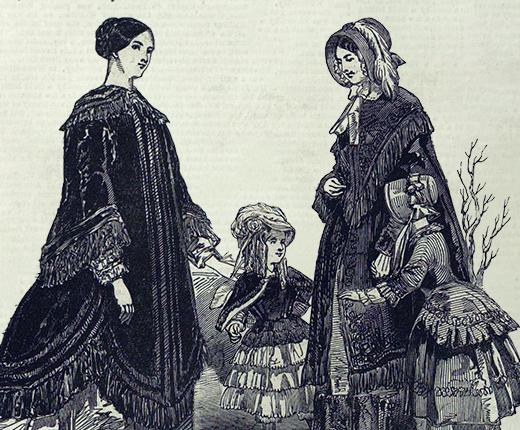 An illustration from 1847 of two women and two children in winter clothing.