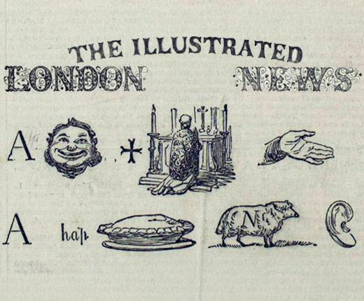 An illustrated puzzle with the title The Illustrated London News. The puzzle reads A merry Christmas and a happy new year, depicted by illustrations.