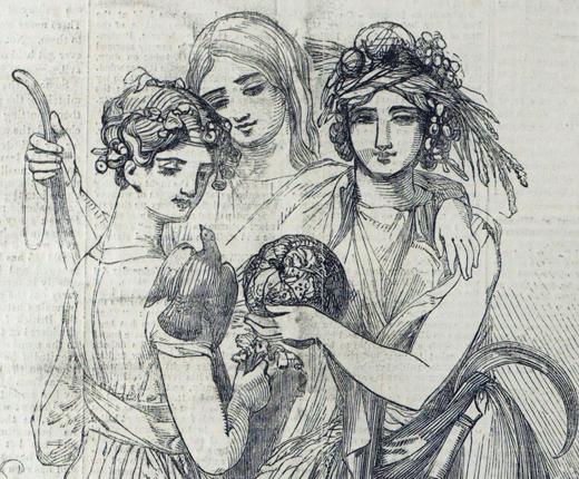 An illustration of three women huddled together, looking downwards, holding various objects.
