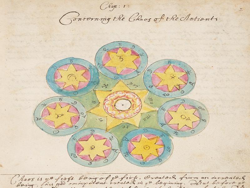 An illustration of seven circles with stars in them, arranged in a circle around a central, seven-pointed star. Zodiac symbols feature in and around the stars. A handwritten title above reads Chap. 1: Concerning the Chaos of the Antients.
