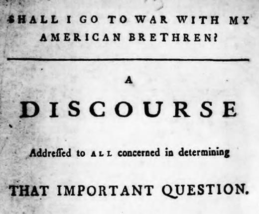 Text reading Shall I go to war with my American brethren? A discourse addressed to all concerned in determining that important question.