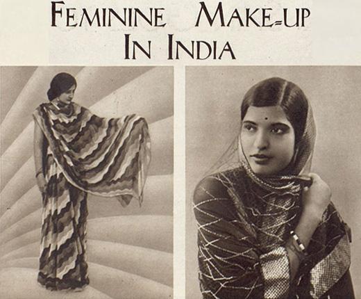 Two photographs of Indian women wearing saris with the title Feminine Makeup in India.
