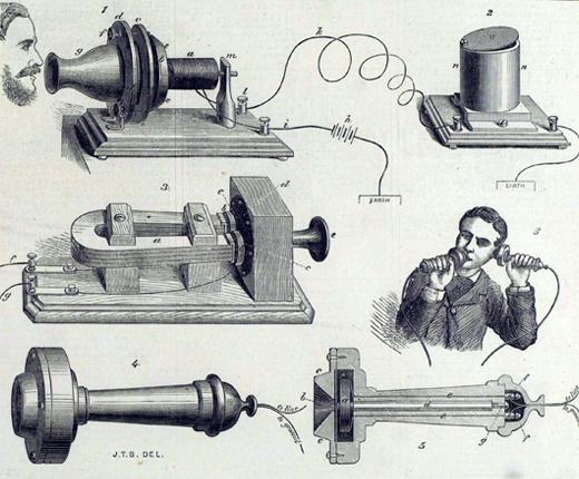 Six illustrations depicting the telephone, showing it in use and demonstrating how it works internally.