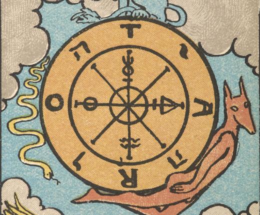 An illustration of a Wheel of Fortune on a tarot card. It is a circle containing symbols around the edge and a cross in the centre. A demon-like figure is beneath the wheel, holding it on its back, and a yellow snake is to the left of the wheel.