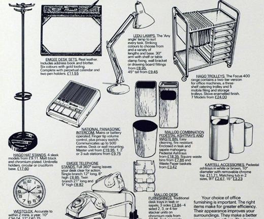 Various illustrations of office equipment, such as a lamp, a hat stand. a clock, etc.