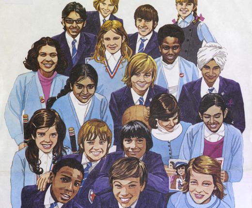 An illustration of a group of schoolchildren from a range of ethnic and cultural backgrounds, smiling upwards towards the viewer.