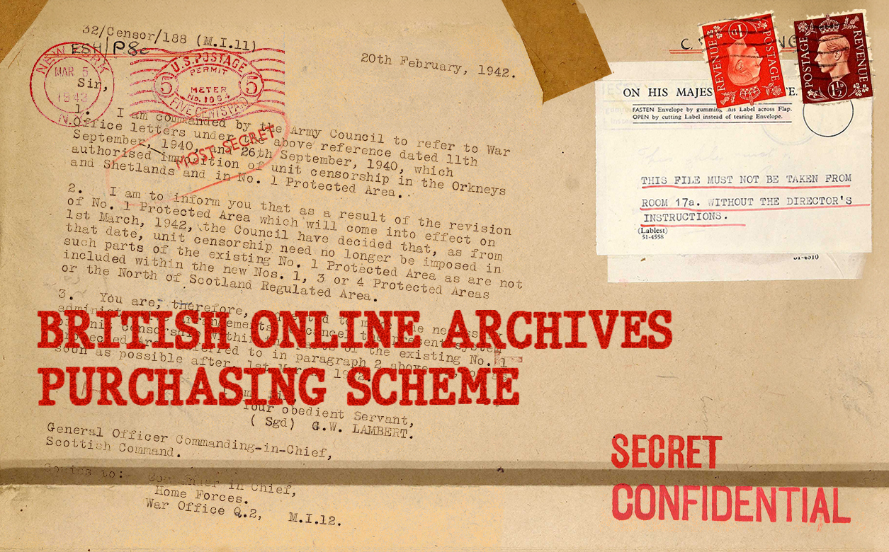 Beige background with red and black lettering. The left hand side is a letter to the Ministry of Information, stamped with a red SECRET stamp. On the left there is a secret confidential stamp and a letter head. 