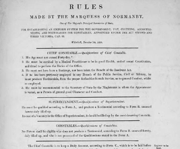 Section of a document titled Rules Made by the Marquess of Normanby, featuring sections titled Chief Constable, superintendent, and Constables.