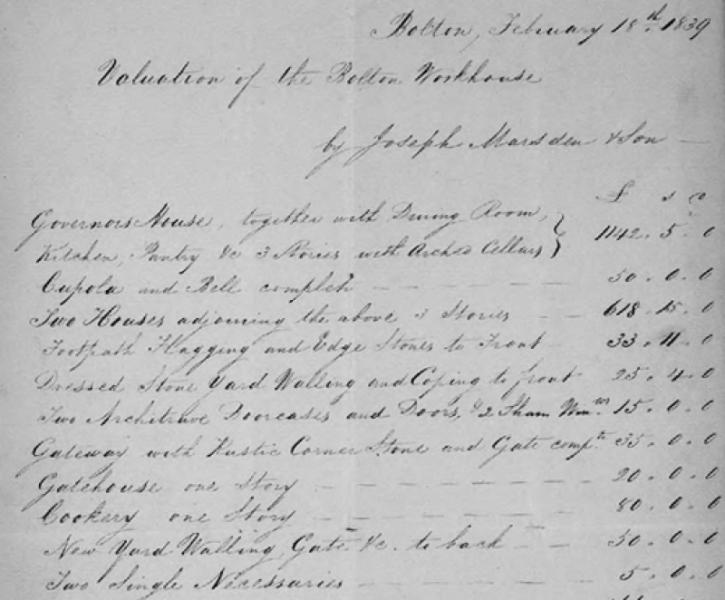 Section of a handwritten document titled Valuation of the Bolton Workhouse, dated Bolton, February 18th 1939.