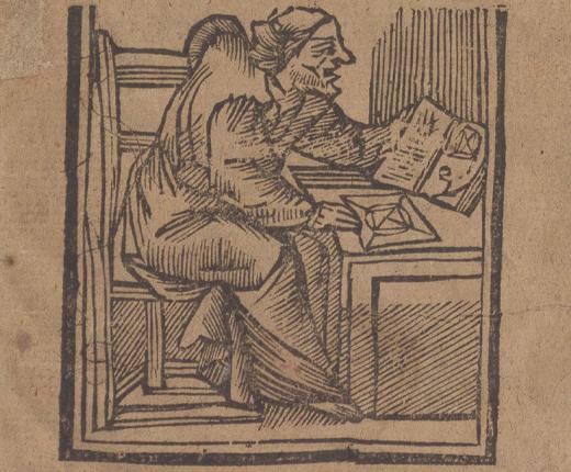 An illustration of Mother Shipton sat at a desk with a book.