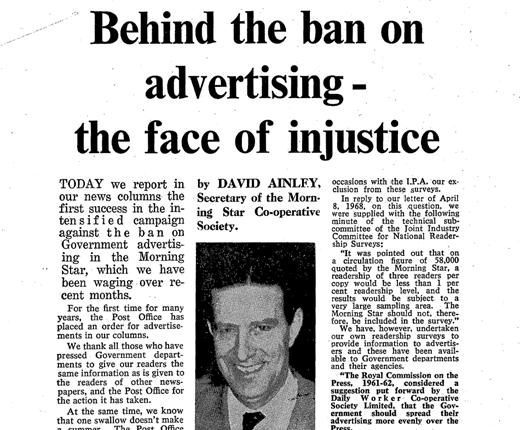 Section of an article titled Behind the ban on advertising - the face of injustice, with a photograph of the author, David Ainley, in the center bottom.