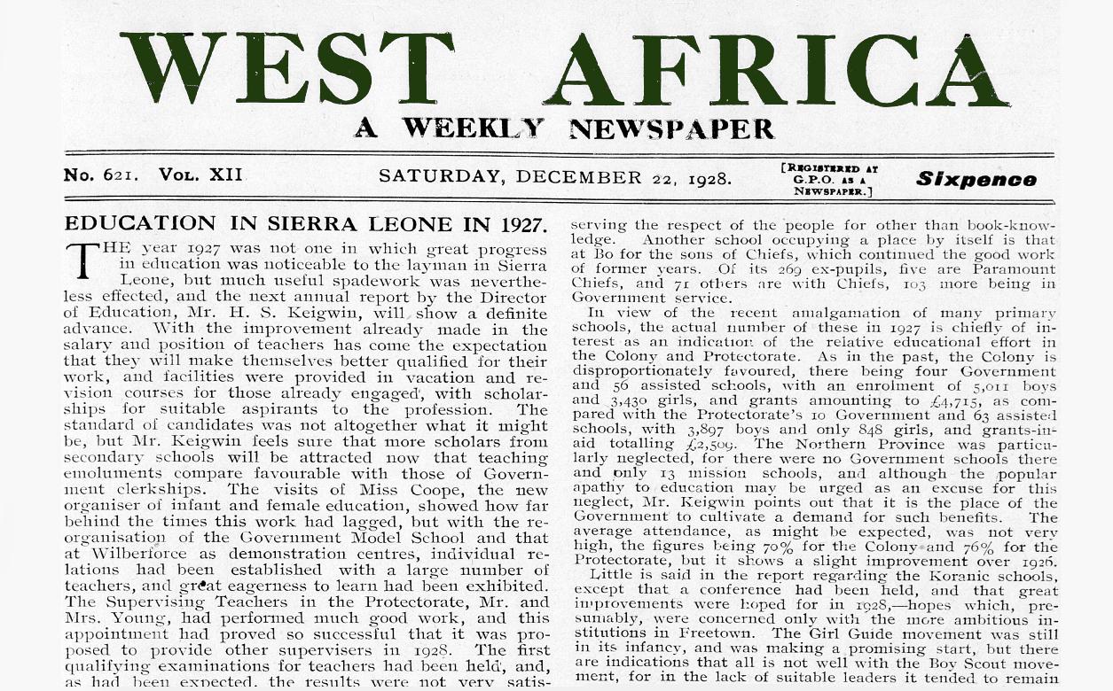 Section of a front page of West Africa magazine dated Saturday, December 22 1928, featuring two columns of an article titled education in Sierra Leone.