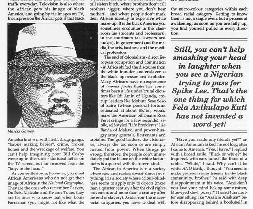 Section of a page from West Africa magazine, 1994, showing three columns of text with an illustration of a man's face in the top left.