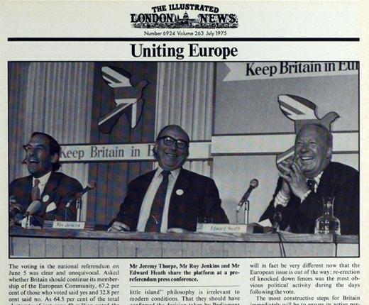 Section of a page with The Illustrated London News letterhead at the top, featuring a photograph of three men at a conference table, with the title Uniting Europe.
