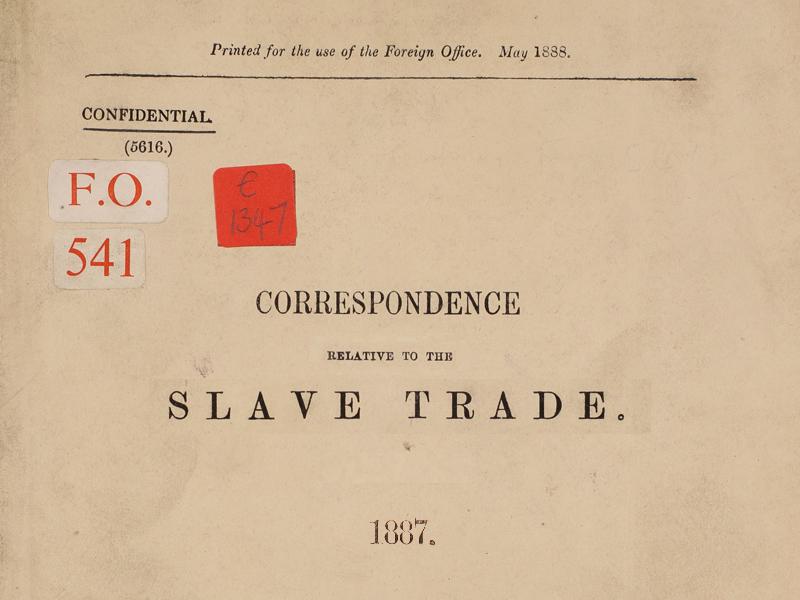 Title page of document FO 541/27 in this collection. Title is Correspondence Slave Trade 1887 with Confidential and Printed for the use of the Foreign Office, May 1888 written at the top