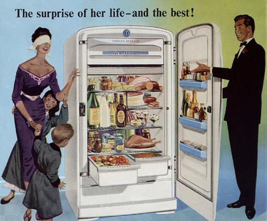 An illustration of a man holding open a fridge to a blindfolded woman with two children titled The surprise of her life - and the best!