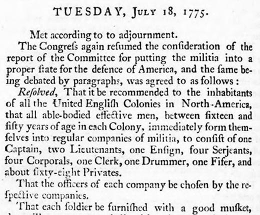 A page of typed text titled Tuesday, July 18, 1775.