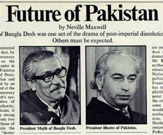 Section of a newspaper article titled Future of Pakistan, by Neville Maxwell, with photographs of President Mujib and President Bhutto below the title.