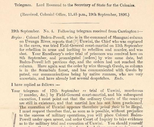 A confidential telegram from Lord Rosmead to Joseph Chamberlain.