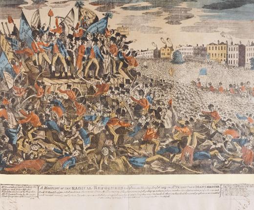 A coloured engraving of the Peterloo massacre, with handwritten text beneath.